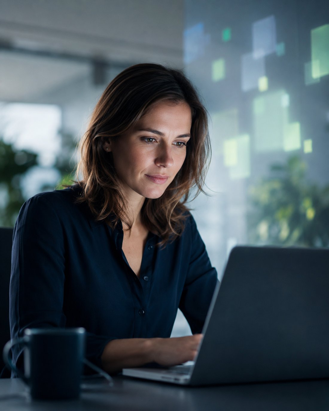 Person arbeitet konzentriert mit KI-Unterstützung am Laptop